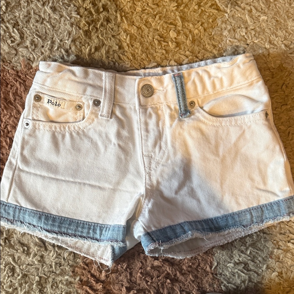 Kids Polo by Ralph Lauren White Denim Shorts with Blue Hem Accent